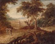 A wooded landscape with travellers and a horseman on a track, unknow artist